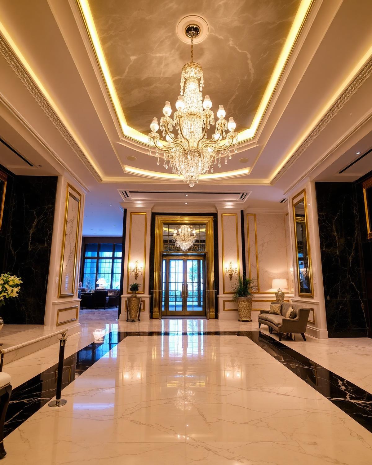 Hospitality lobby with marble and gold